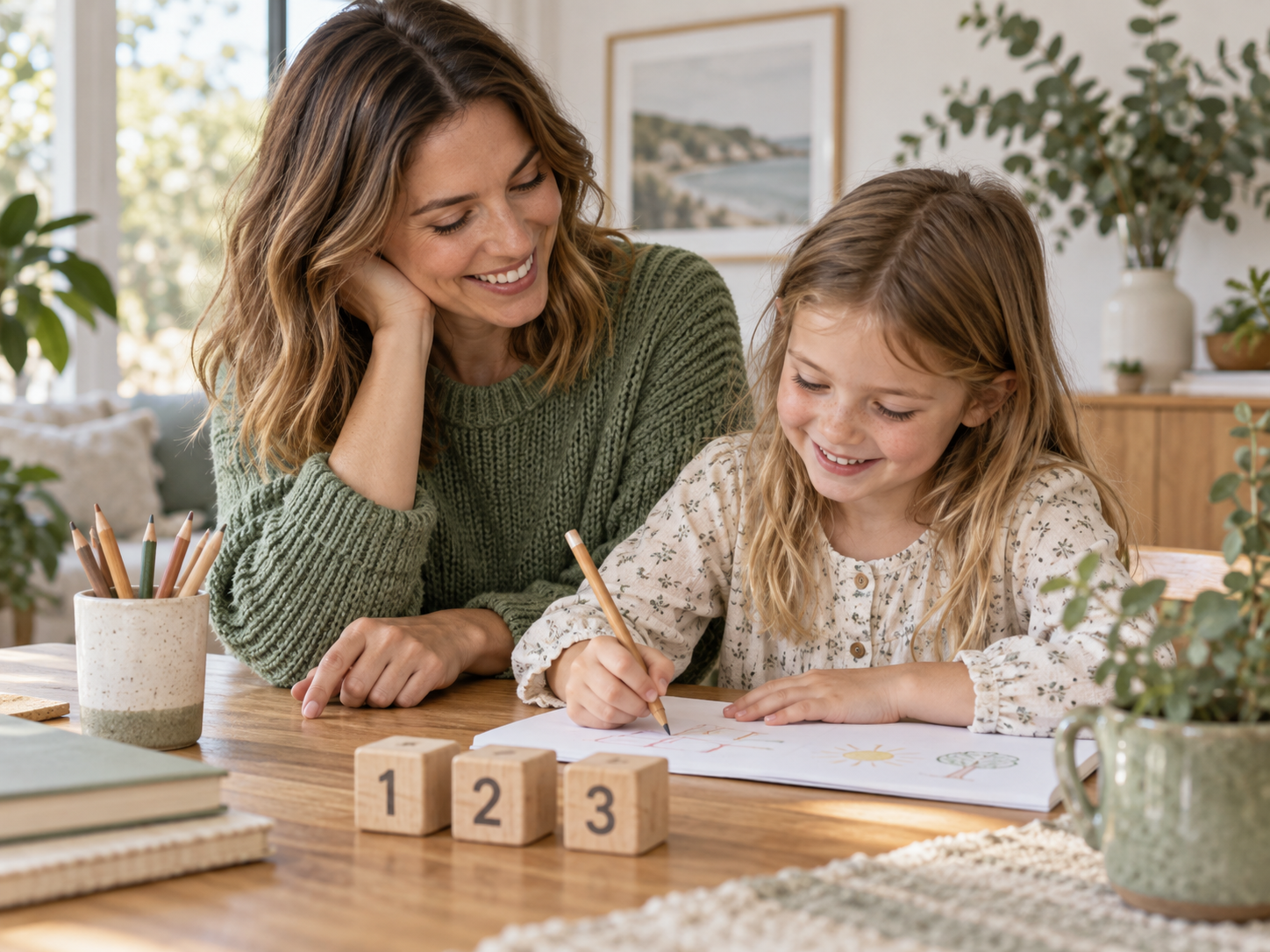 A parent and child drawing and learning together at home
